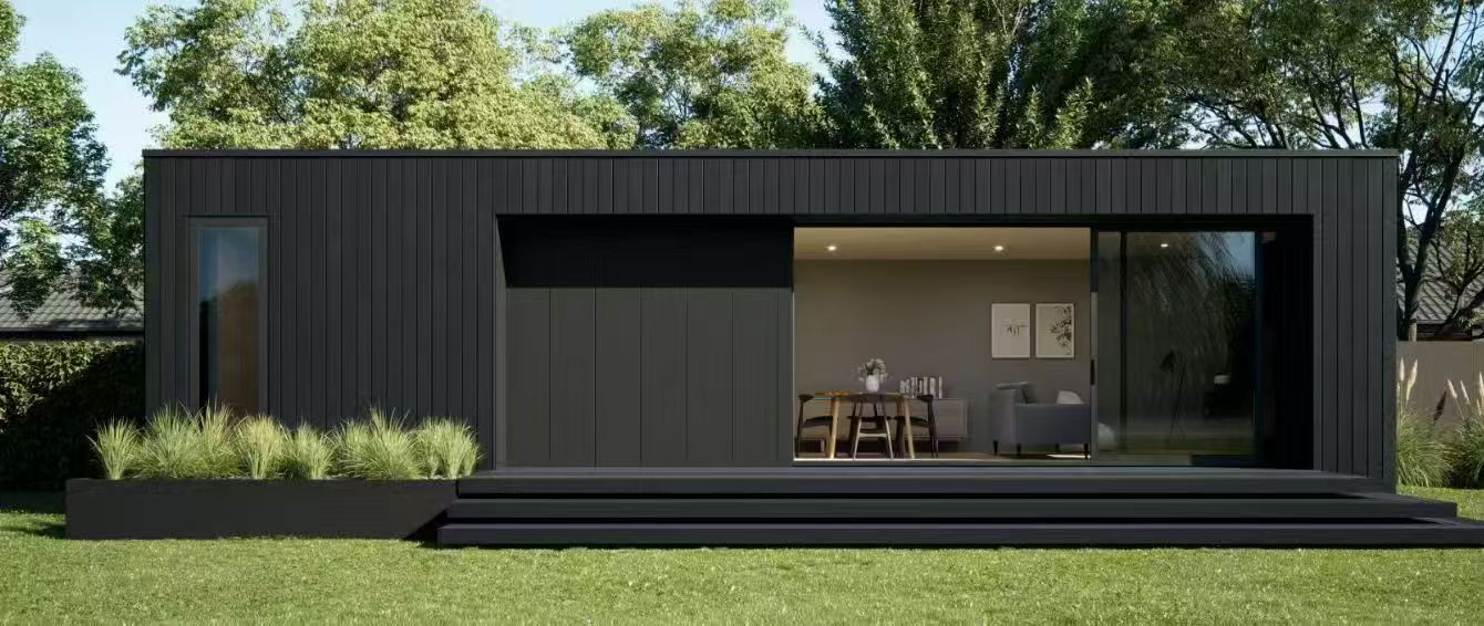 Supplied MirrorCabin reference with dark vertical cladding