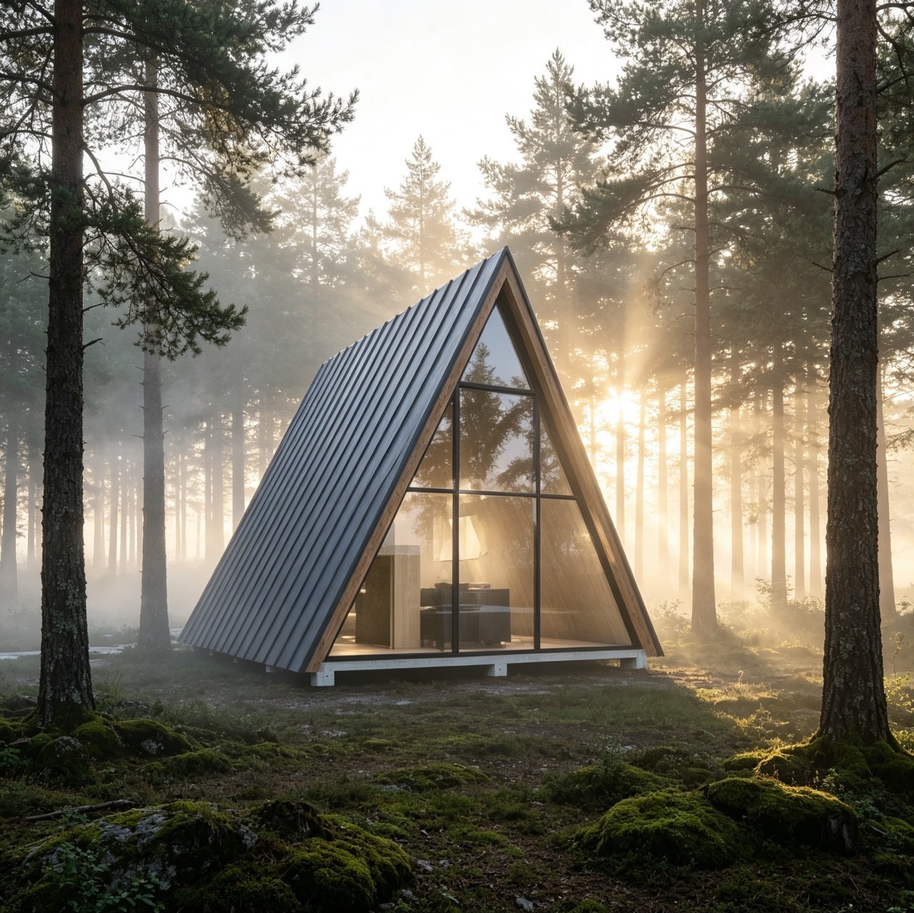 AFrame with a steep standing-seam roof and glazed triangular gable in a forest